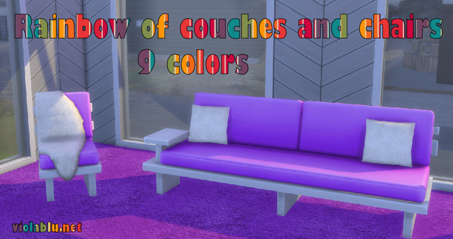Rainbow of Couches and Chairs with Fur Throw and Pillows for Sims 4